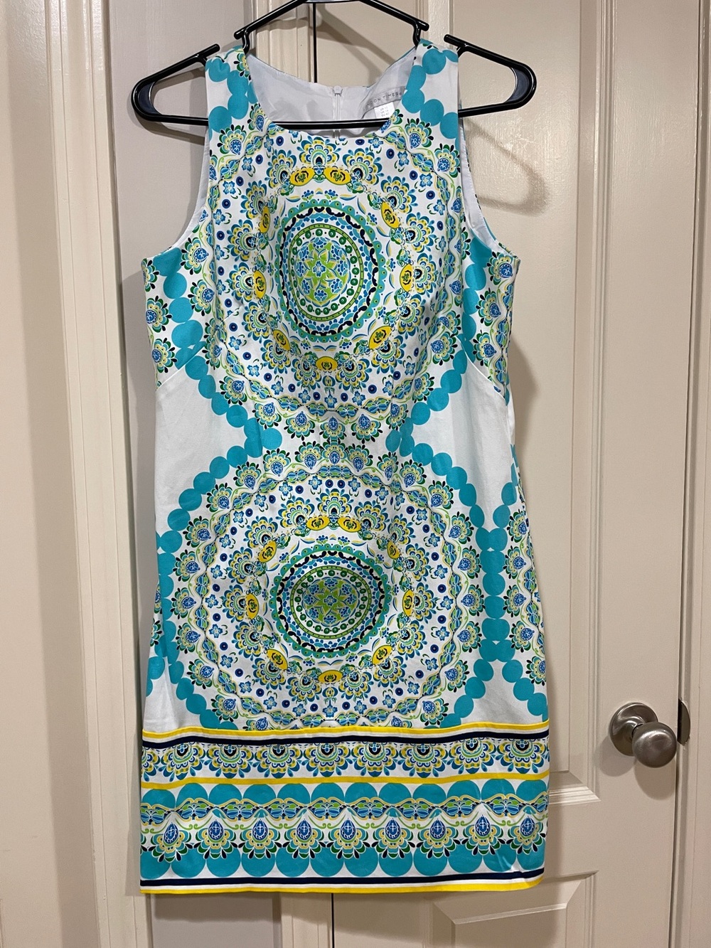 London Times White Mini Dress with Turquoise & Yellow Medallion Print